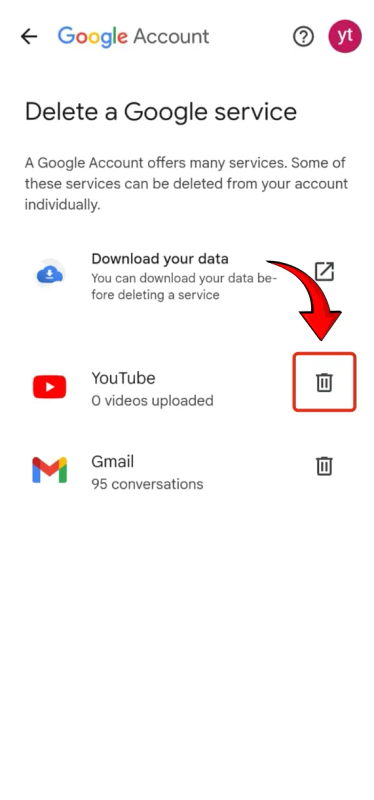 select the trash icon next to YouTube
